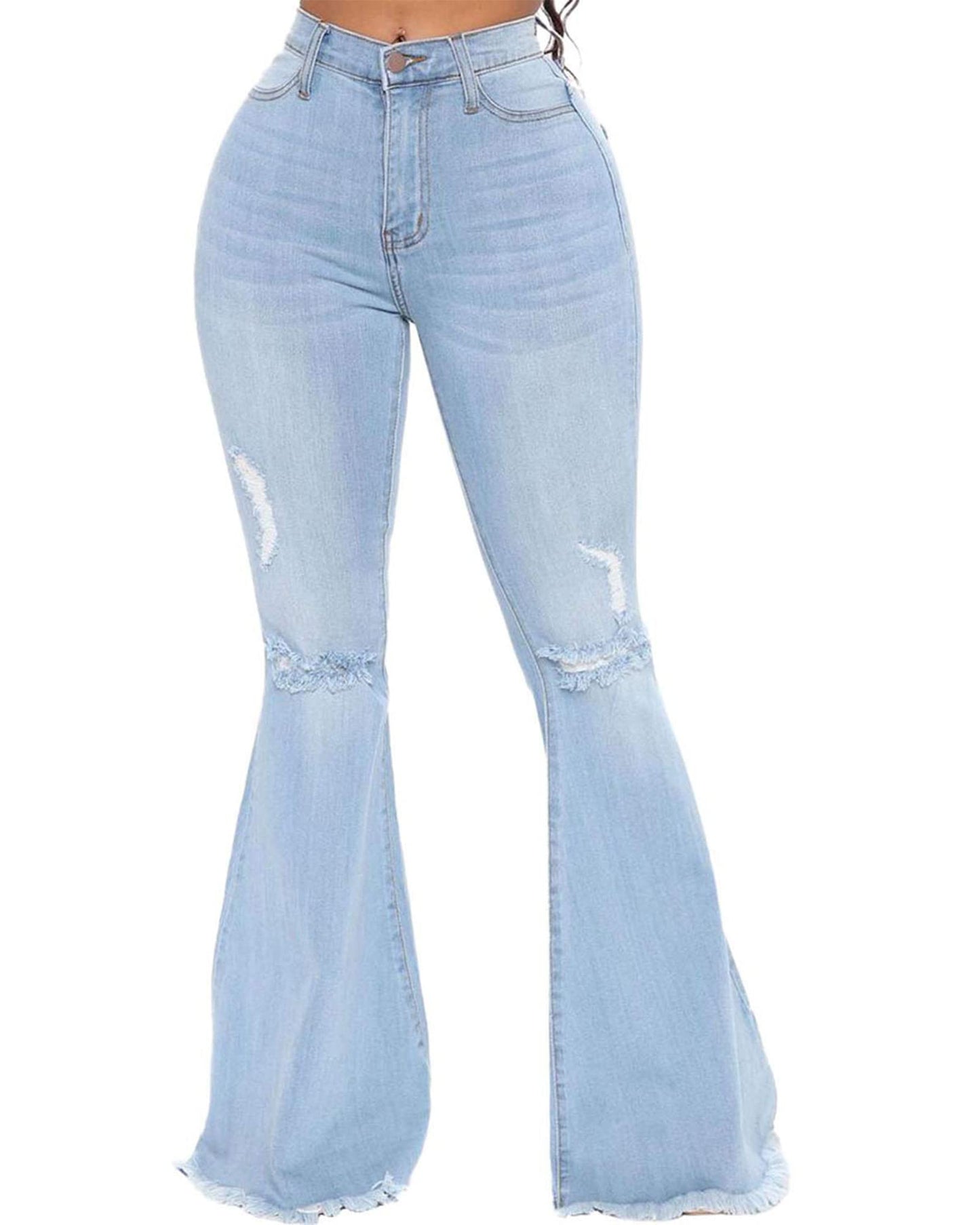 BISUAL Women Destoryed Flare Jeans Elastic Waist Ripped Bell Bottom Raw Hem Stretch Denim Pants (Light Blue, Medium)
