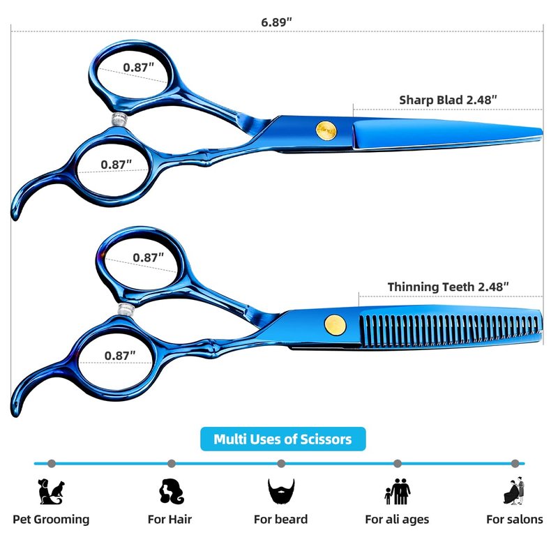 Professional Hair Cutting Scissors Sets Stainless Steel Barber Hairdressing Scissors Multifunctional Salon Thinning Scissors Straight Shears Tools for Men Women Home Use (Blue)