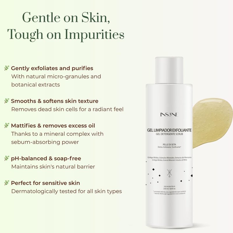 INSANE GLOW Exfoliating Cleansing Gel with Mineral Granules for Sensitive Skin – Purifies Pores, Smooths & Refines Skin with Ginkgo Biloba & Red Algae. Dermatologically Tested, Gentle Daily Use
