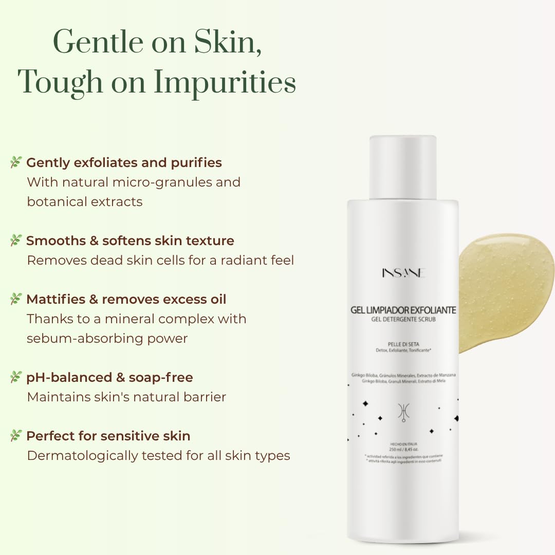 INSANE GLOW Exfoliating Cleansing Gel with Mineral Granules for Sensitive Skin – Purifies Pores, Smooths & Refines Skin with Ginkgo Biloba & Red Algae. Dermatologically Tested, Gentle Daily Use