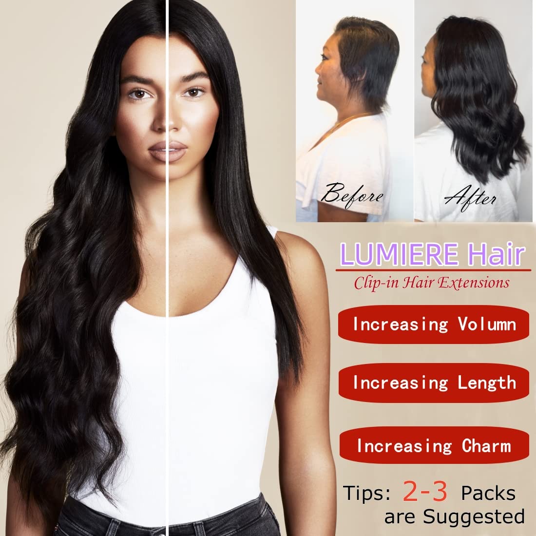 LUMIERE Clip In Hair Extensions Real Human Hair - 8 Inch Glueless Body Wave Hair Extensions Clip Ins 110g Grade 10A Brazilian Remy Hair 8Pcs With 20Clips Bob Hair Thick and Soft Natural Black