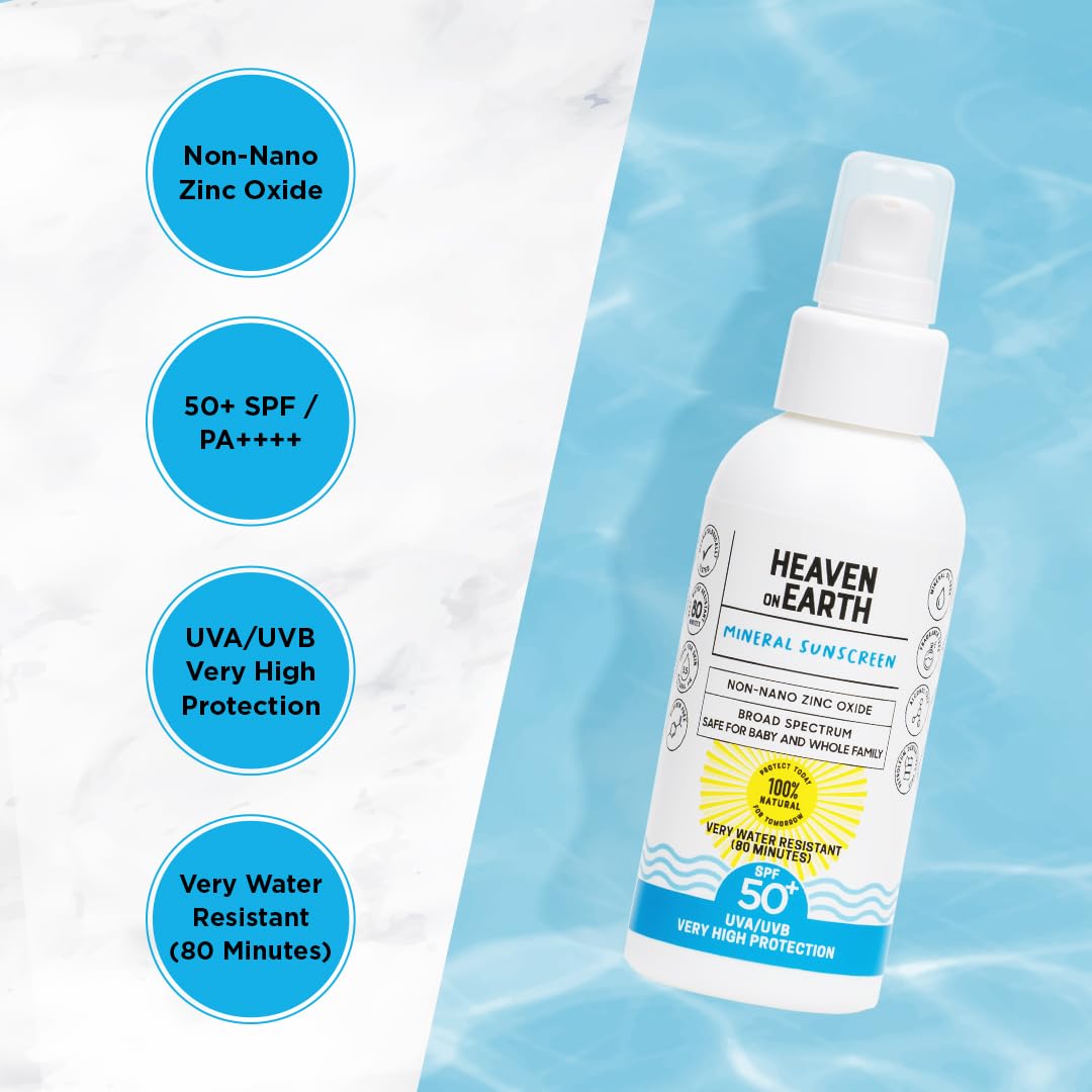 Natural and Vegan SPF 50+ Mineral Sunscreen for Full Body - Water Resistant (80 Minutes), Unscented, Titanium Dioxide FREE - Safe for Newborn and Whole Family - Non-Nano Best Sunscreen,100ml