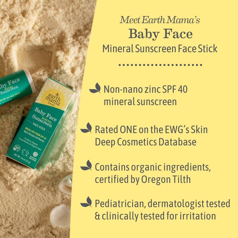 Earth Mama Baby Face Mineral Sunscreen Stick SPF 40 | Non-Nano Zinc, Water-Resistant Protection for Kids & Family - 0.74 oz