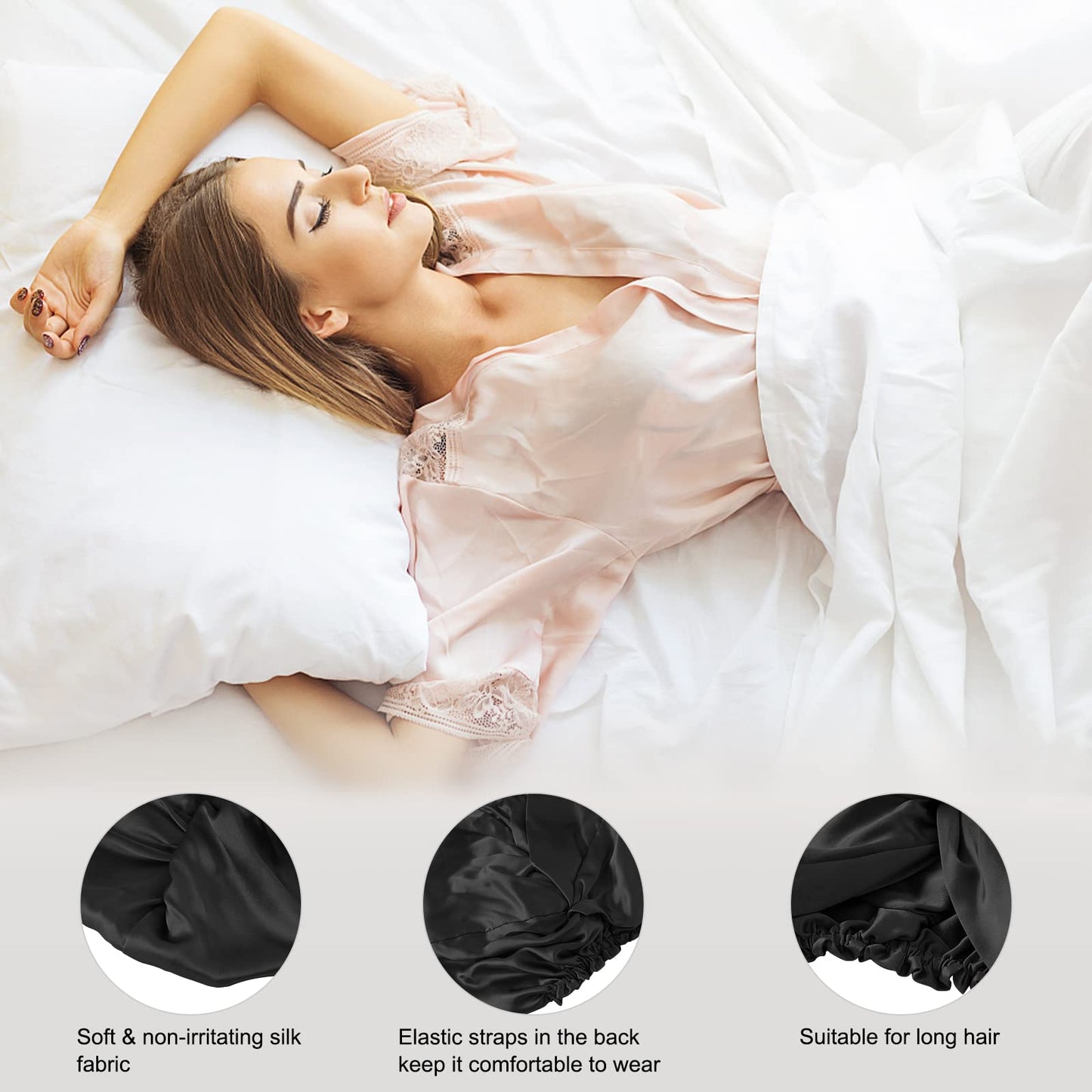 SOBONNY Silk Bonnet for Sleeping 100% Mulberry Silk Sleep Cap for Women Hair Care Night Cap Fixed by the Elastic(1Pc, Black)