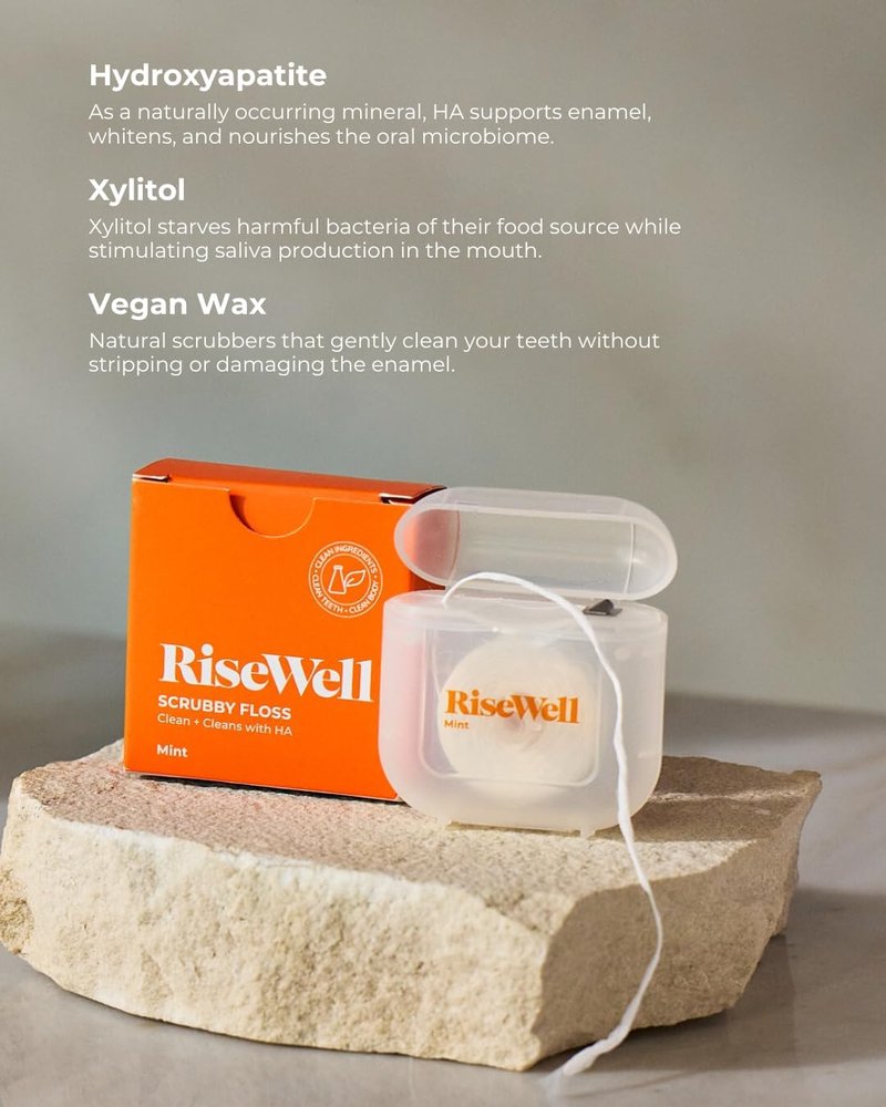 RiseWell Scrubby Tooth Floss - Natural PFAS-Free Dental Floss with Hydroxyapatite & Xylitol | Vegan Mint Waxed, 30 Yards