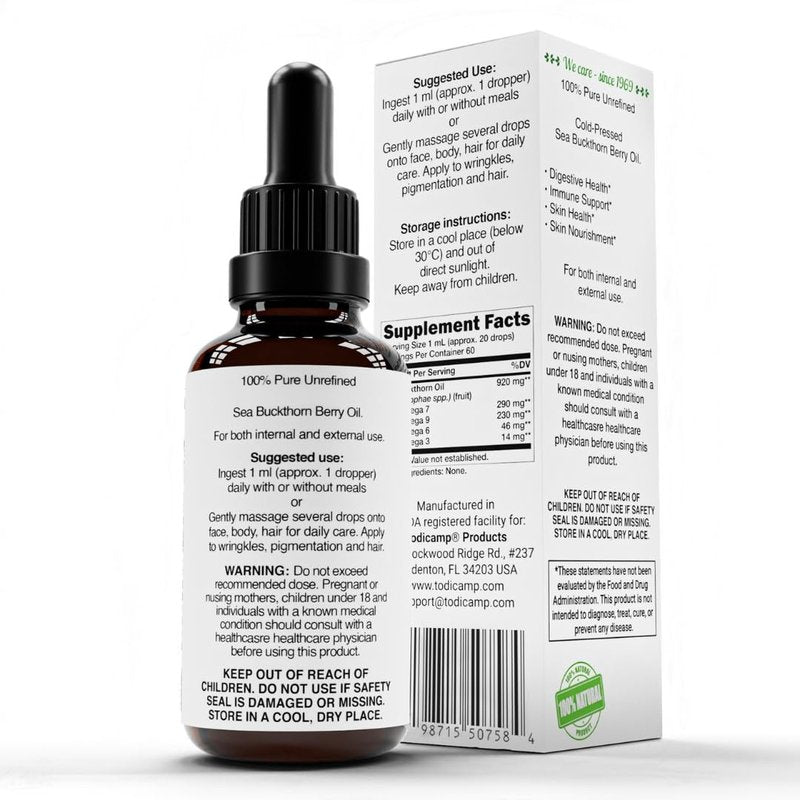 TODICAMP Sea Buckthorn Berry Oil 2 fl oz Omega 7 Vegan Omega 3 6 9 Sea Buckthorn Oil for Face, Skin, Eyes & Postemonapuse Dryness