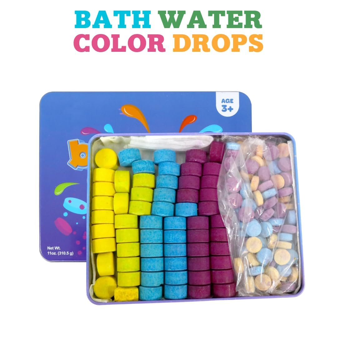 Kid Made Modern Bath Color Tablets for Kids - 450 Non Toxic Bath Drops for Toddlers Blue, Yellow, Pink, and Purple Bathtub Color Fizzies Tablets - Fun & Mini Bath Bombs (150 Count / 3 Pack - Ages 3+)