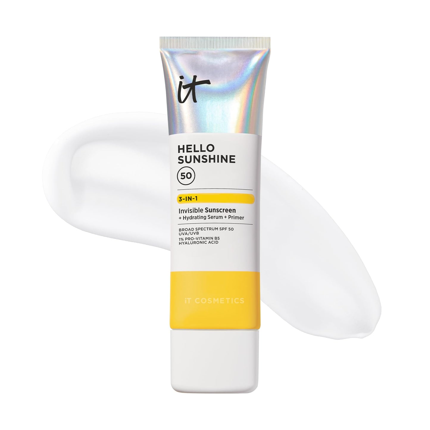IT Cosmetics Hello Sunshine Invisible Sunscreen for Face SPF 50 - Sunscreen, Hydrating Serum & Makeup Primer - 1% Pro-Vitamin B5 & Hyaluronic Acid - HSA/FSA Eligible - No White Cast - 2.7 fl oz