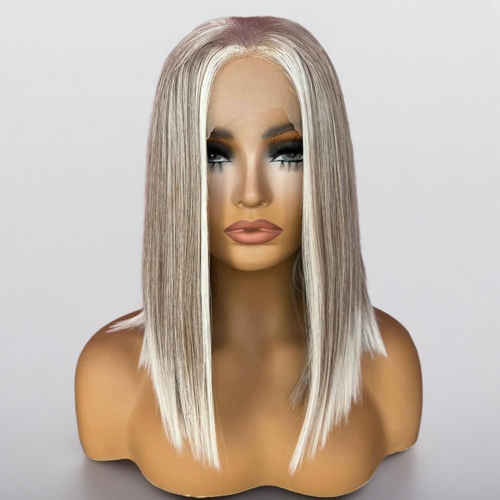 Ombre Ash Blonde Lace Front Wig - Pre-Plucked Baby Hair, White Grey Balayage Highlights | Straight Bob Synthetic Wig for Women