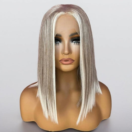 Ombre Ash Blonde Lace Front Wig - Pre-Plucked Baby Hair, White Grey Balayage Highlights | Straight Bob Synthetic Wig for Women