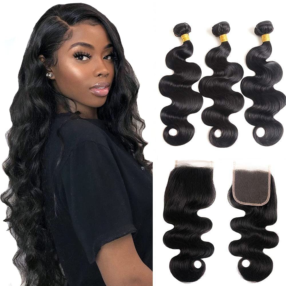 DreamPack Bundles with Closure Human Hair 12 12 12+10 Body Wave Bundles Human Hair with 4x4 Lace Closure 100% Unprocessed Virgin Hair Extensions Natural Color