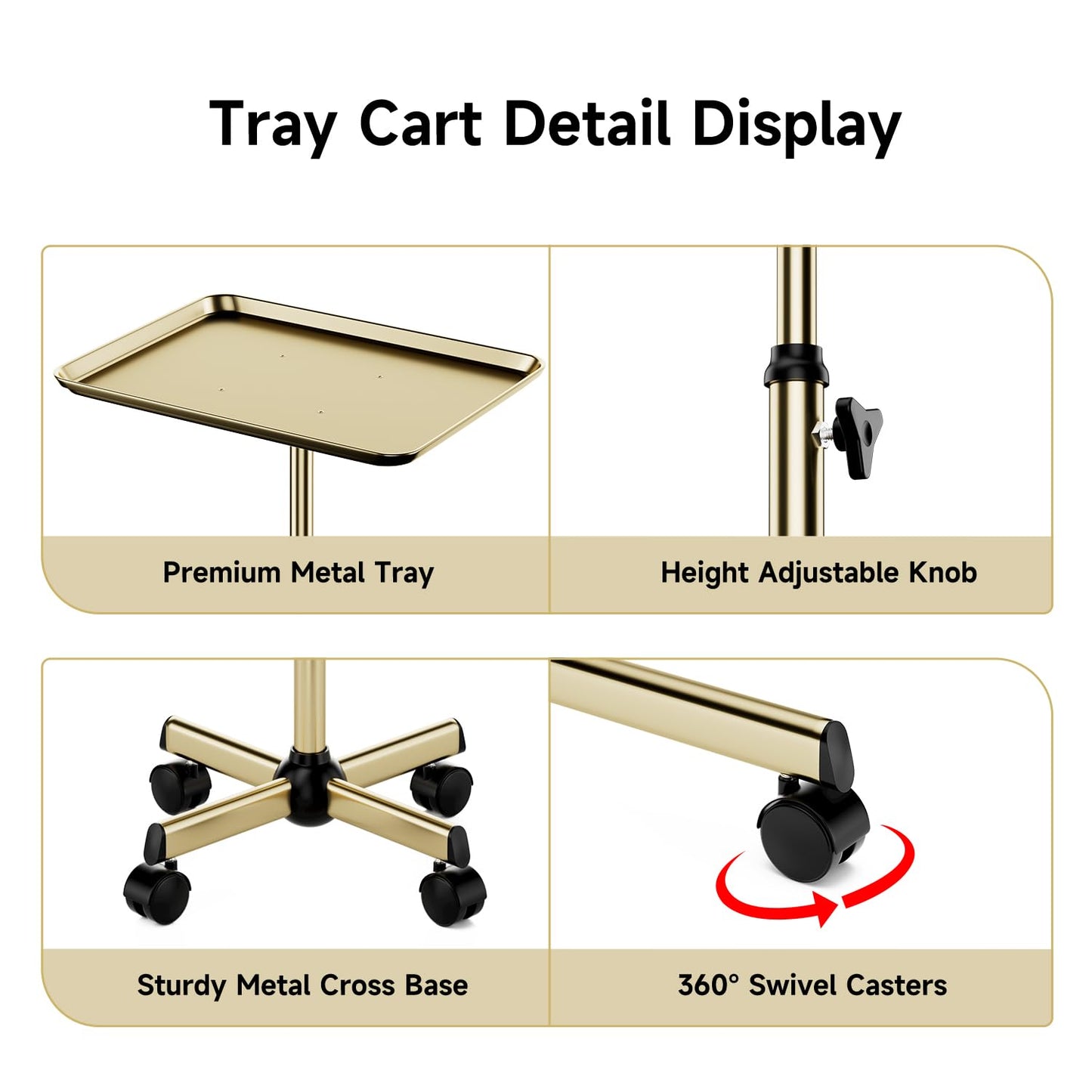 Salon Tray, Premium Metal Rolling Tray Cart, Tattoo Tray Height Adjustable, Dentist Tray Medical Tray Spa Service Rolling Tray,Champagne Gold
