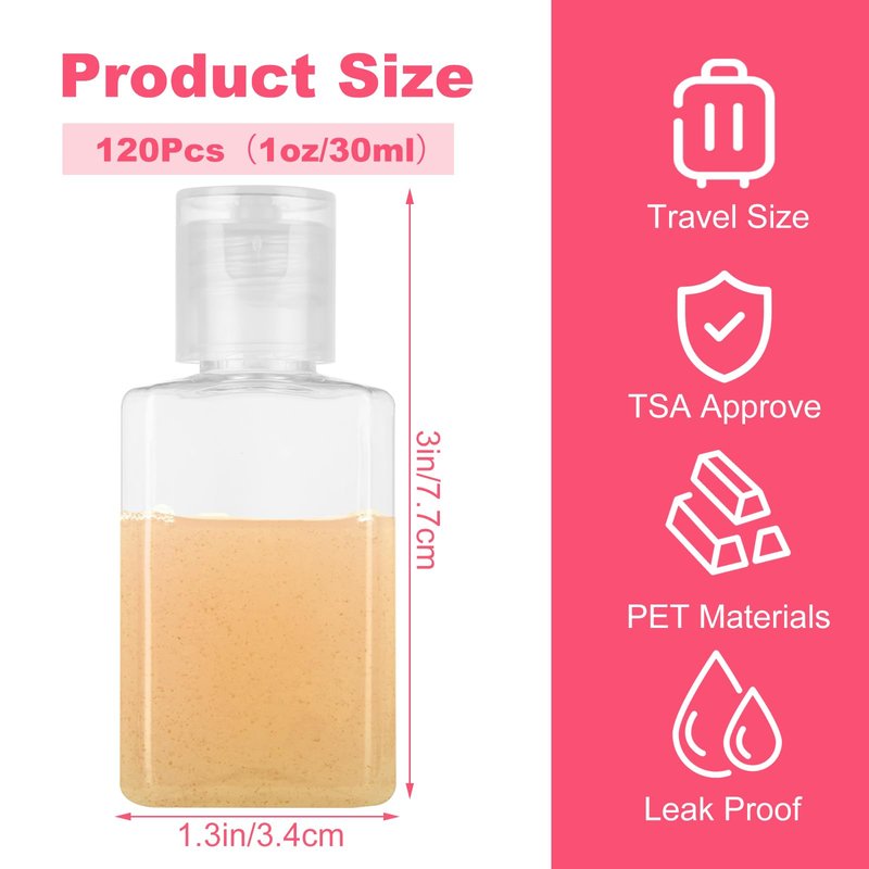 QTLCOHD 120 Pack 2 Oz Travel Bottles with Flip Caps, Plastic Empty Hand Sanitizer Bottles for Lotion, Portable Refillable Mini Hand Sanitizer Bottle Bulk Reusable Container for Shampoo Body Soap Toner