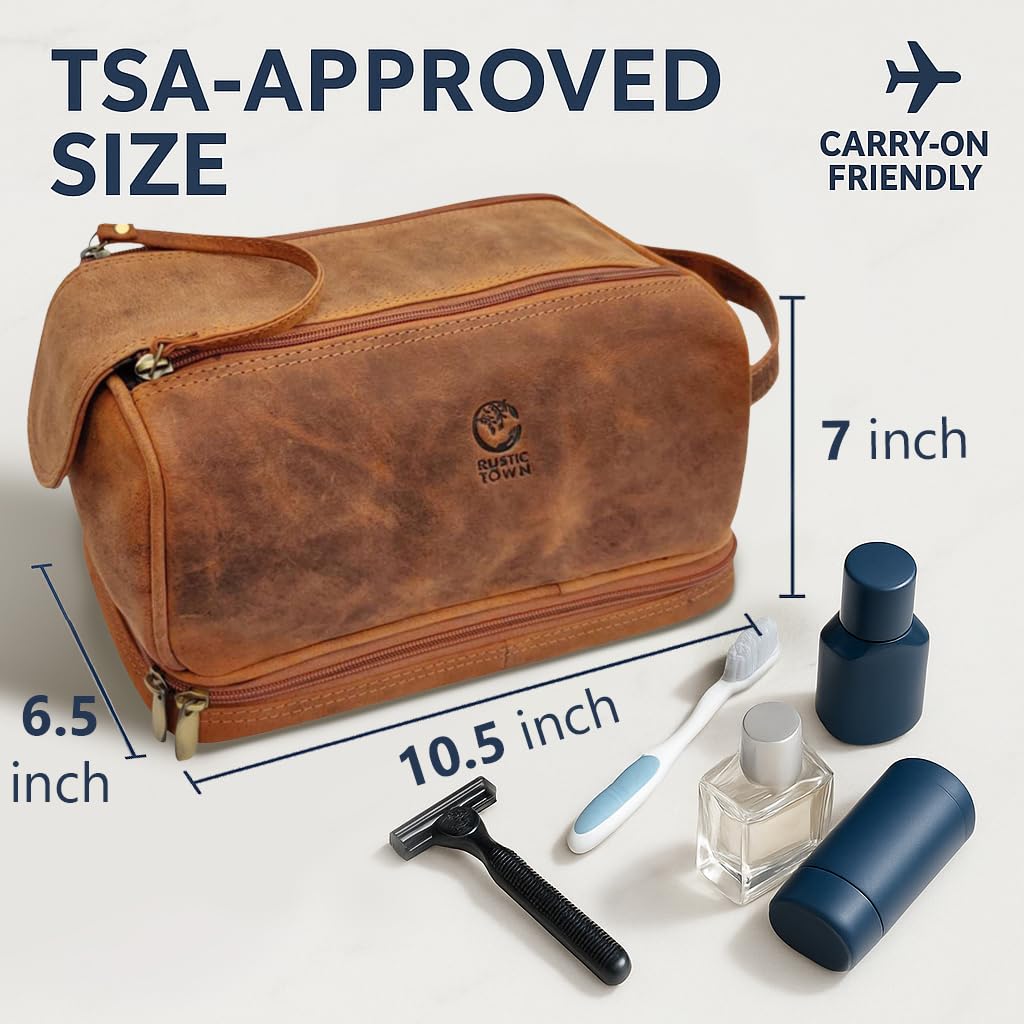 RusticTown Leather Toiletry Bag for Men - Travel Shaving Dopp Kit - Bathroom Shower Toiletries Organizer - Cosmetic Make up Bag for Women, Cognac, M, Mens Travel Toiletry Kit Bag, Cognac, M, Mens