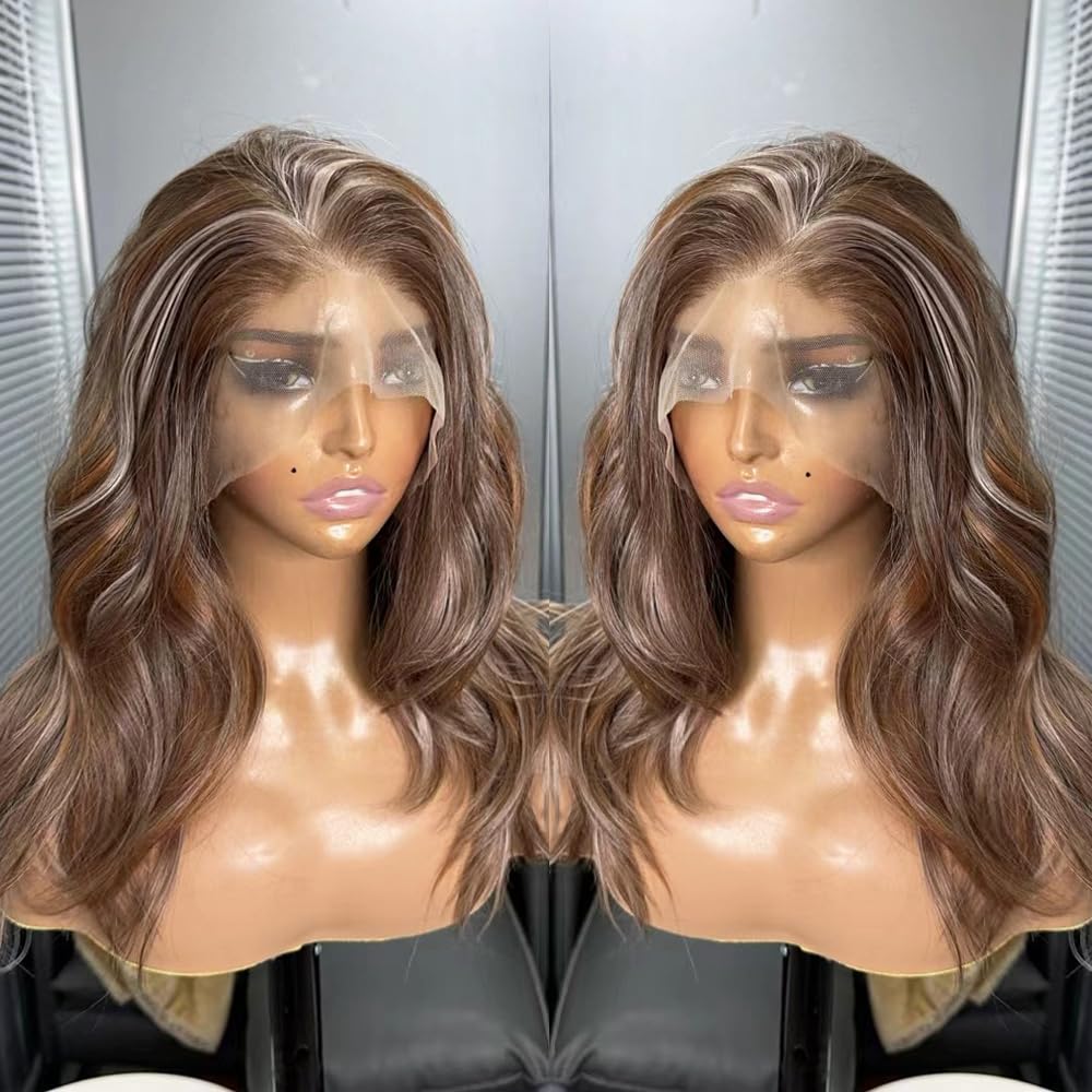 hallokiki Futura Hair 13x6 HD Synthetic Lace Front Wig,Japanese Fiber 16 Inch Mixed Brown Lace Front BOb Wig, Pre-Plucked Hairline Long Straight Curly Glueless Wigs, Layered Wigs for Women Daily Use