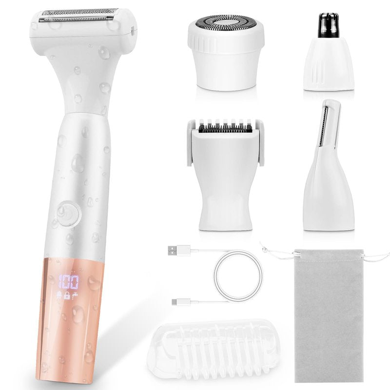 5-in-1 Bikini Trimmer Electric Razors for Women, Cordless Electric Shaver with LCD Display for Facial Body Legs Hair, Rechargeable Waterproof Pubic Body Hair Trimmer Holiday Birthday Gifts for Women