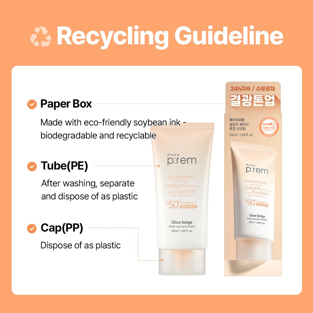 MAKE P:REM Glow Beige Tone Up Sunscreen, Foundation-Free Mineral Sun Care, Skin Tone Correction, Lightweight, Korean Sunscreen, Korean Skin Care, SPF 50, 1.69 fl.oz. (50ml)