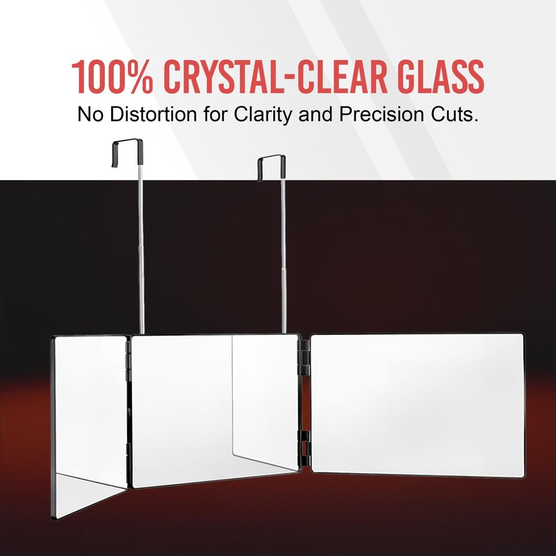 Self-Cut System 3-Way Mirror for Self Hair Cutting - Portable Trifold Mirror with Retractable Hooks, Impact-Resistant Glass, Fold Flat Design, Fits Standard Doors, Men & Women, 12.5" L x 1" W - Black