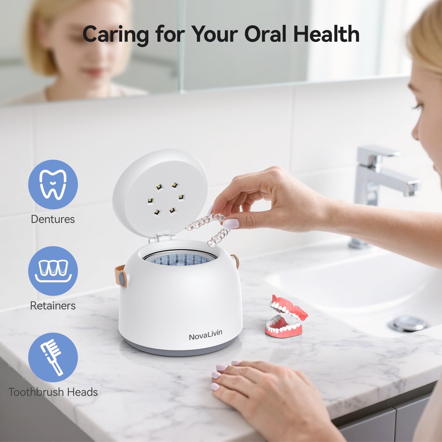 Ultrasonic Retainer Cleaner, 45kHz Ultrasonic Cleaner machine 3 Modes Deep cleaning 200ml Tank with Digital Timer for Aligner, Mouth Guard, Toothbrush Heads, Braces White