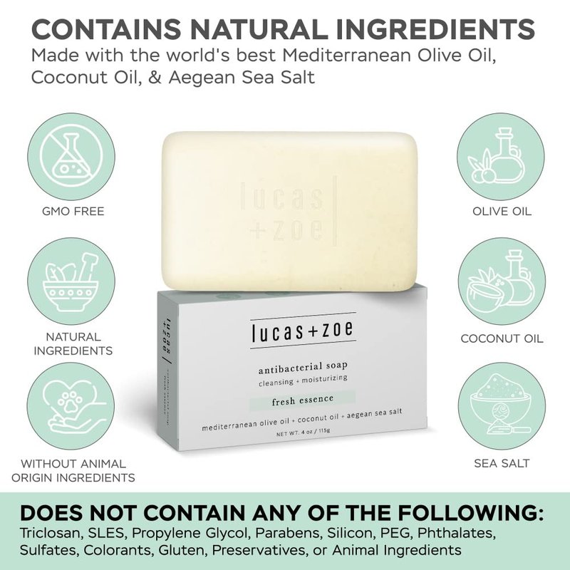 lucas + zoe Fresh Essence Antiseptic Bar Soap - Natural, Moisturizing, Sea Salt Soap Bar - 6 Pack, 4 oz