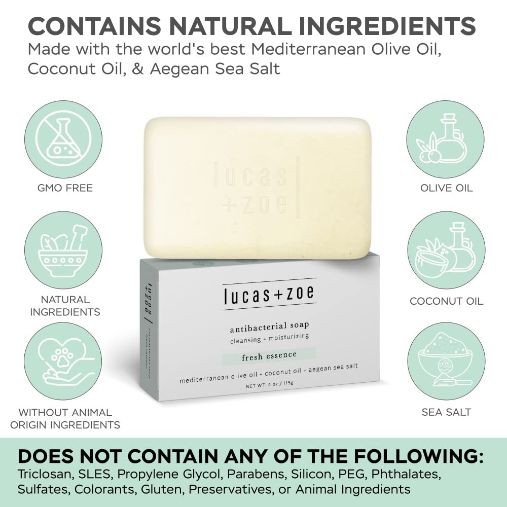 lucas + zoe Fresh Essence Antiseptic Bar Soap - Natural, Moisturizing, Sea Salt Soap Bar - 6 Pack, 4 oz