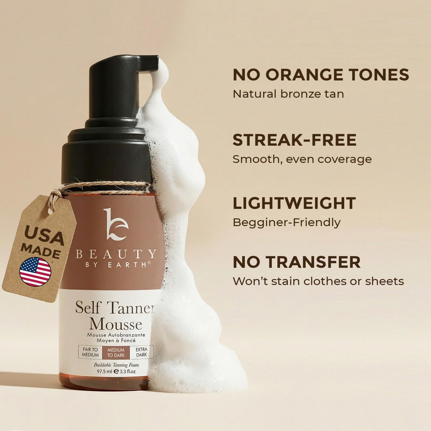 Self Tanner Mousse - Natural & Organic Sunless Tanning Foam for Dark Tan | Streak-Free Finish & Glow