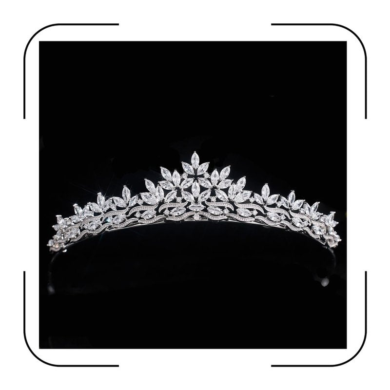 Sparkling CZ Tiaras for Women Floral Bride Crown Platinum Plated Wedding Quinceanera Prom Homecoming Crowns Flower Wave Design Bridal Jewelry Gift