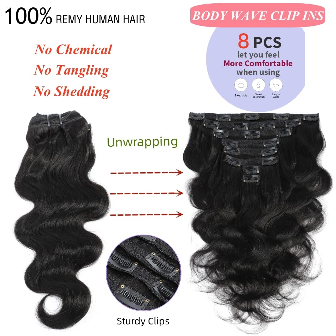 LUMIERE Clip In Hair Extensions Real Human Hair - 8 Inch Glueless Body Wave Hair Extensions Clip Ins 110g Grade 10A Brazilian Remy Hair 8Pcs With 20Clips Bob Hair Thick and Soft Natural Black