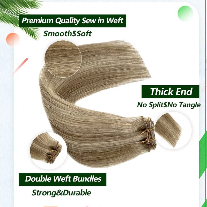 Sew In Real Human Hair Blonde Highlights Weft Extensions - Remy Hair Ash Brown Mix Platinum Blonde Hand Tied Weft - 14inch 80g