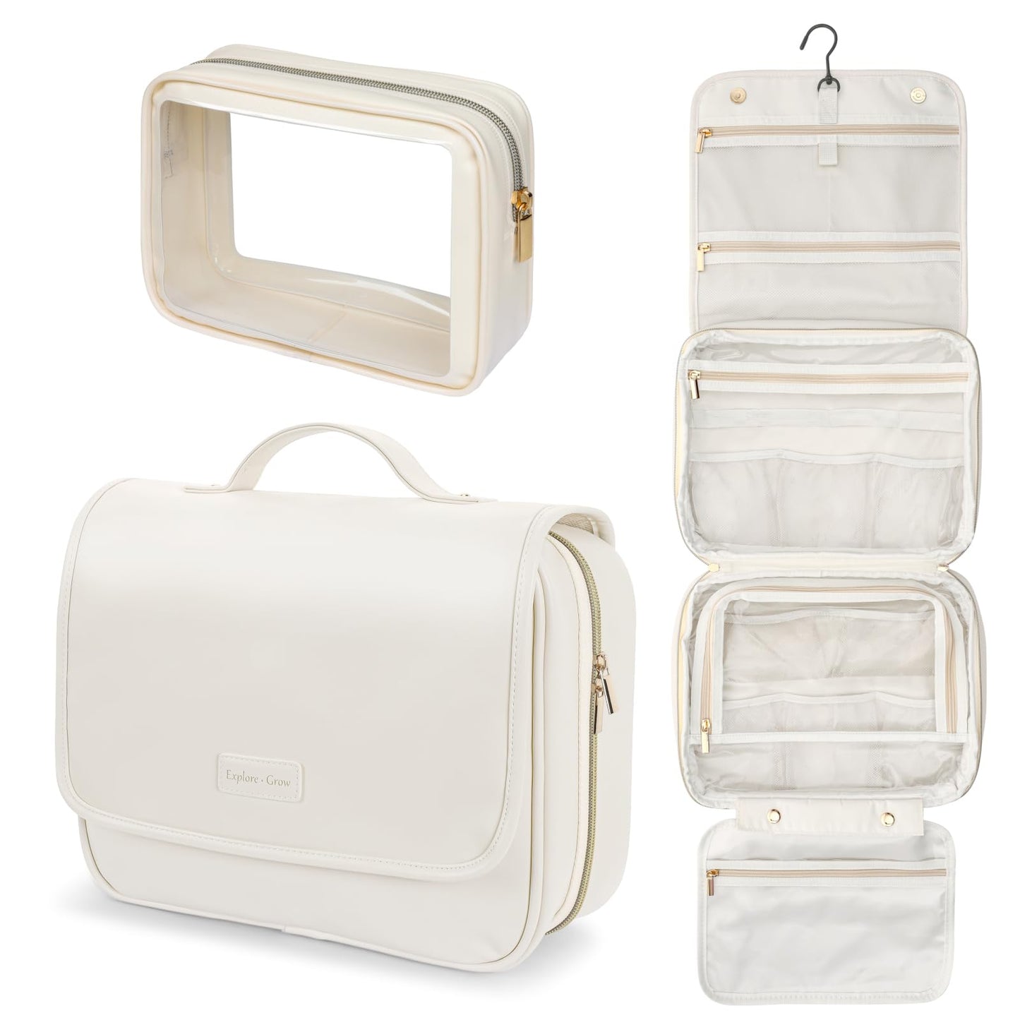 PACKISM Hanging Travel Toiletry Bag - with Clear Makeup Bag, Large Beige