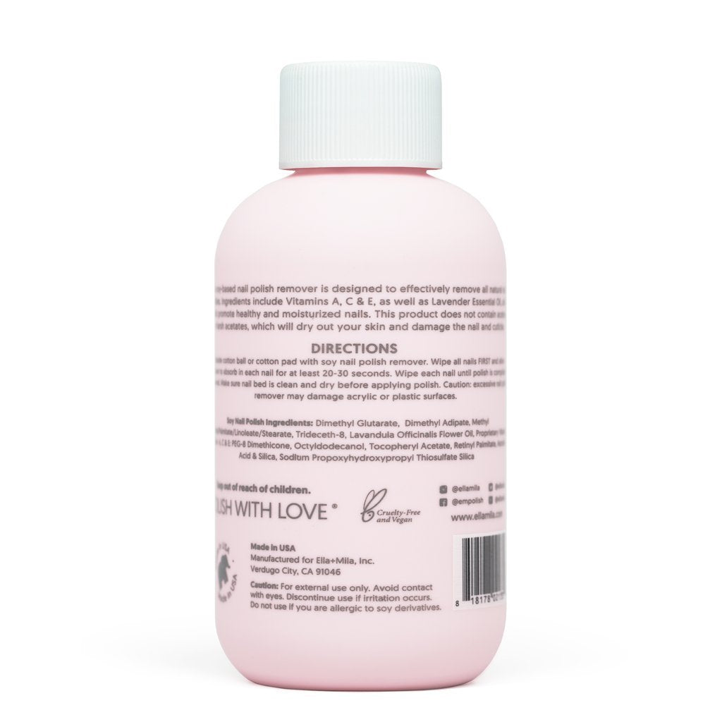 ella+mila Soy Nail Polish Remover - Non-Acetone, Non-Toxic Fingernail Polish Remover for Natural Nails - Gentle, Vegan Formula with Lavender Oil & Vitamins A, C & E (4 fl oz)