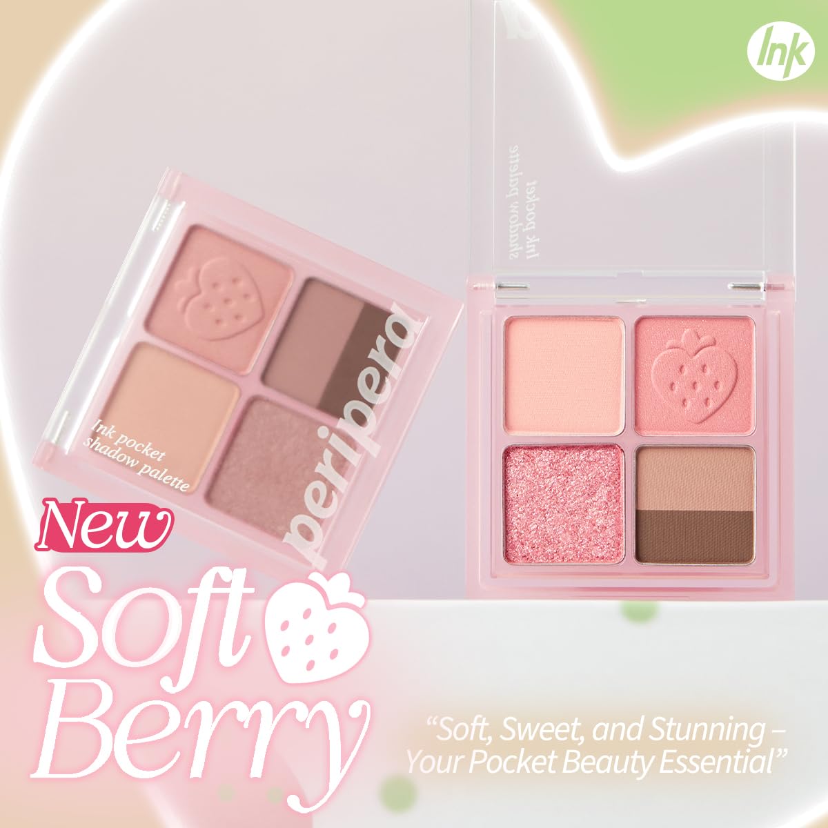 Peripera Ink Pocket Shadow Palette, Eyeshadow Quads, Creamy Formula, Blendable Matte & Shimmer Shades, Easy to Apply (008 STRAWBERRY IN MUTE, One Size)