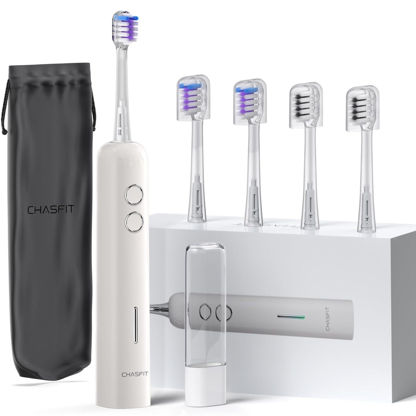 Chasfit Electric Toothbrush for Adults,Wave Oscillation & Vibration Sonic Tooth Brush,BASS-Brushing Technique Travel Rechargeable Toothbrushes with 4 Soft Bristle Replace Heads,Gifts for Men Women