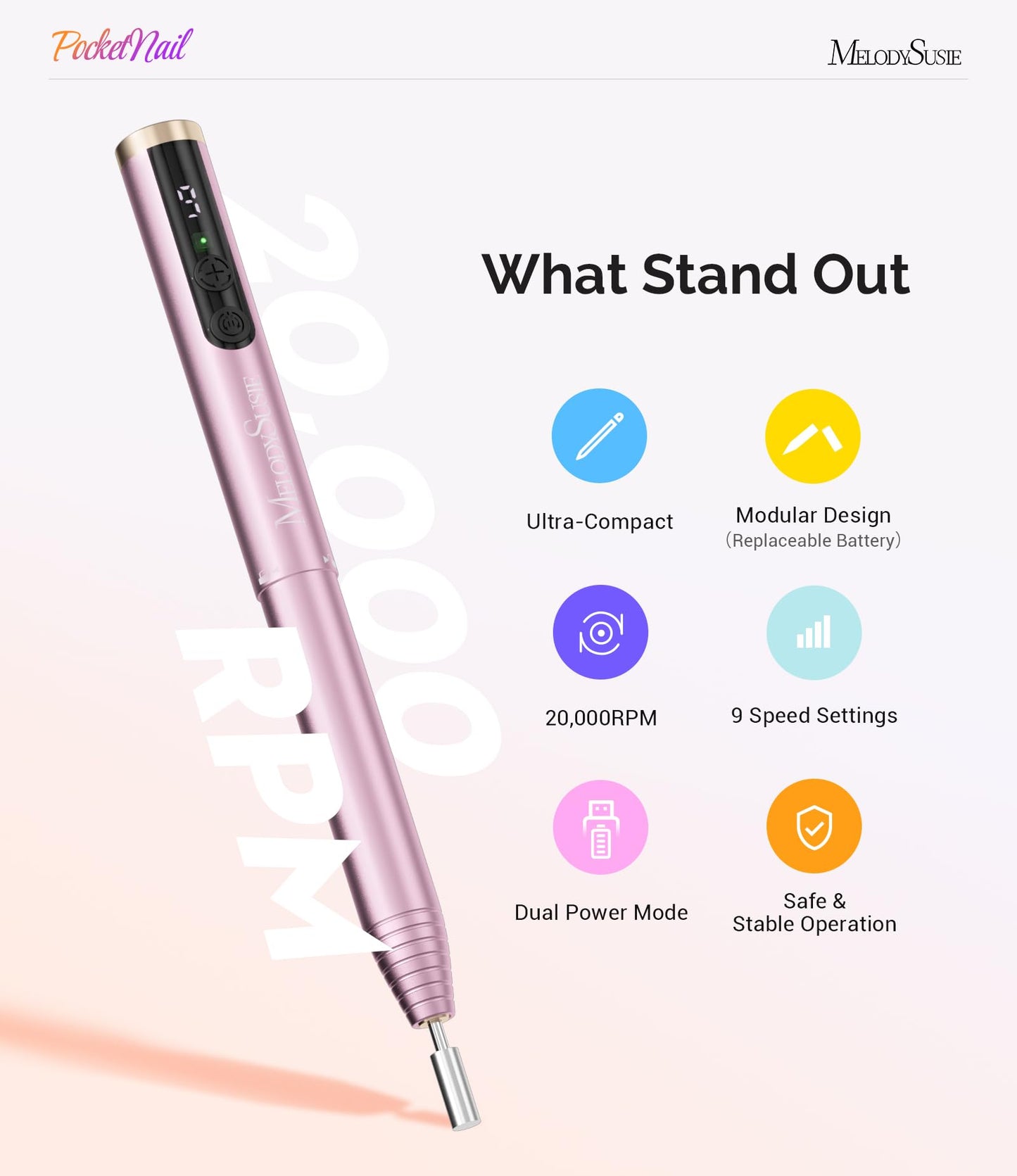 MelodySusie Pen-Shaped Cordless Nail Drill PocketNail PC100GR for Beginners