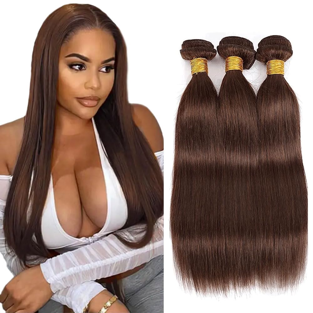 Chocolate Brown Bundle Color #4 Straight Human Hair Bundles Peruvian Unprocessed Virgin Hair 14 16 18 Inch Color #4 Bundle Brown Straight Bundles