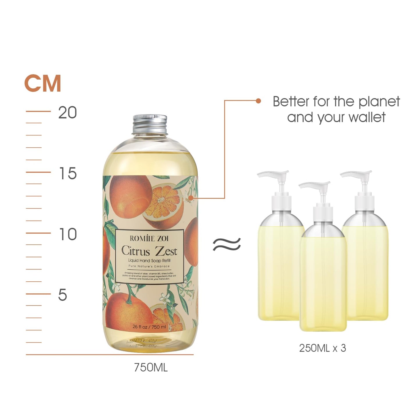 ROMIIE ZOI Liquid Hand Soap Refill Gift Set – 3 Pack (26 Fl Oz Each), Citrus Zest Scent – Moisturizing, & Cruelty-Free Formula with Essential Oils for Sensitive Skin