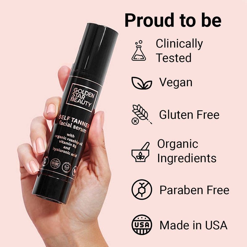 Face Tanner – Self Tan Serum w/Hyaluronic Acid, US Made with Certified Organic Ingredients, Streak-Free, No Orange, Natural Glow, Sensitive Skin Safe, Sunless Facial Tanner, Medium to Dark, 2.0 fl oz