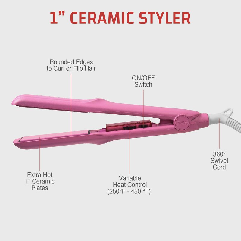 Red by Kiss 1" Ceramic Styler Flat Iron, Up to 450 F Variable Heat Settings for Silky Smooth Hair, Professional Ceramic Plates, Tangle-Free Swivel Cord (Pink)