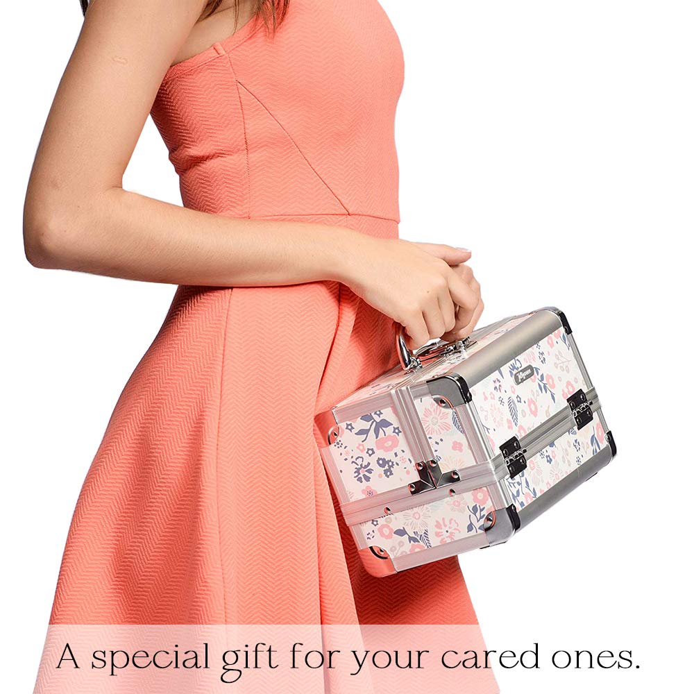 Joligrace Makeup Box Cosmetic Train Case Jewelry Organizer Lockable with Keys and Mirror 2-Tier Tray Portable Carrying Travel Storage Box for Girl - White Floral
