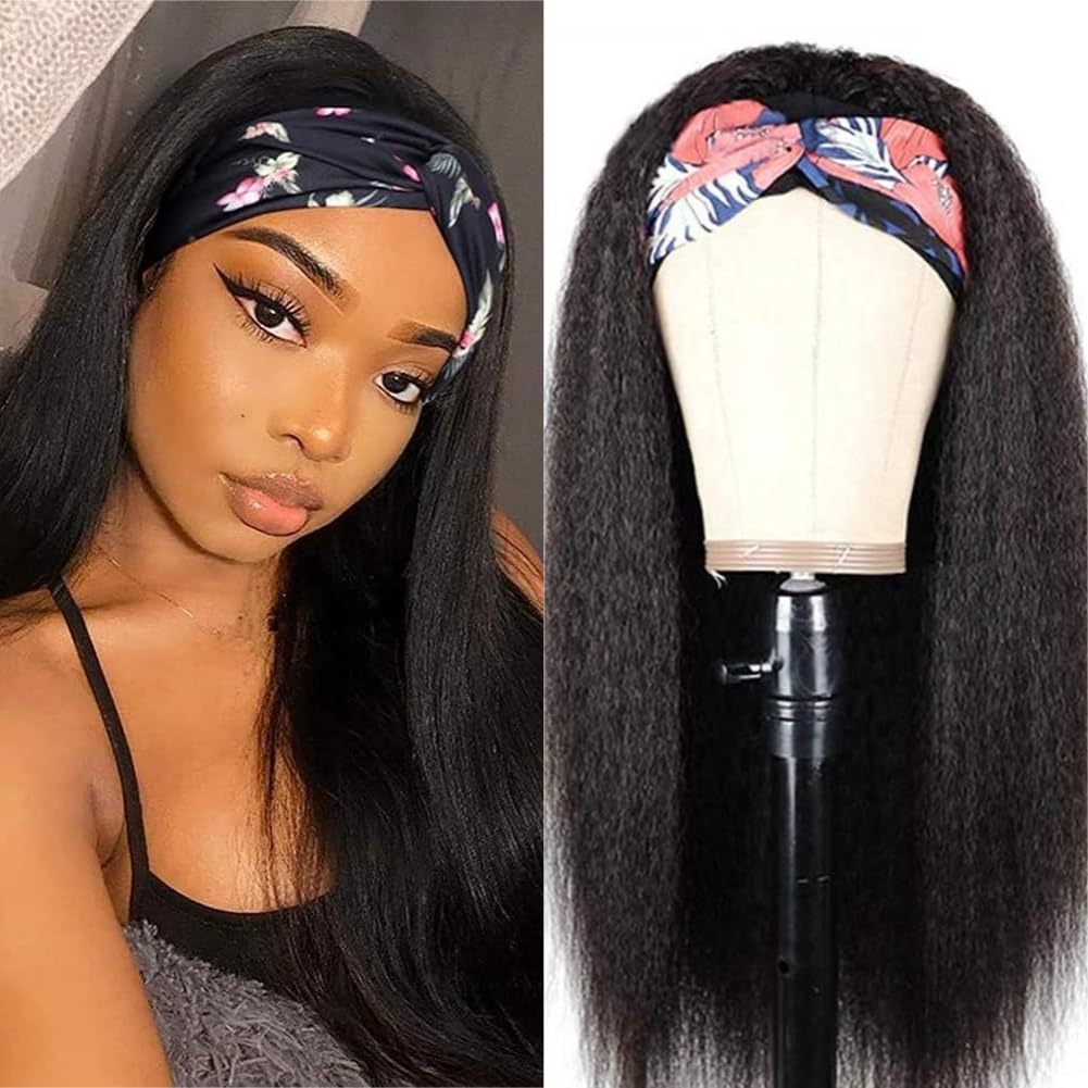 Kinky Straight Headband Wig Human Hair 180% Density 12A Headband Wigs for Women Glueless Yaki Headband Human Hair Machine Made Can Last 6-9 Months Life Natural Black Color 14 Inch