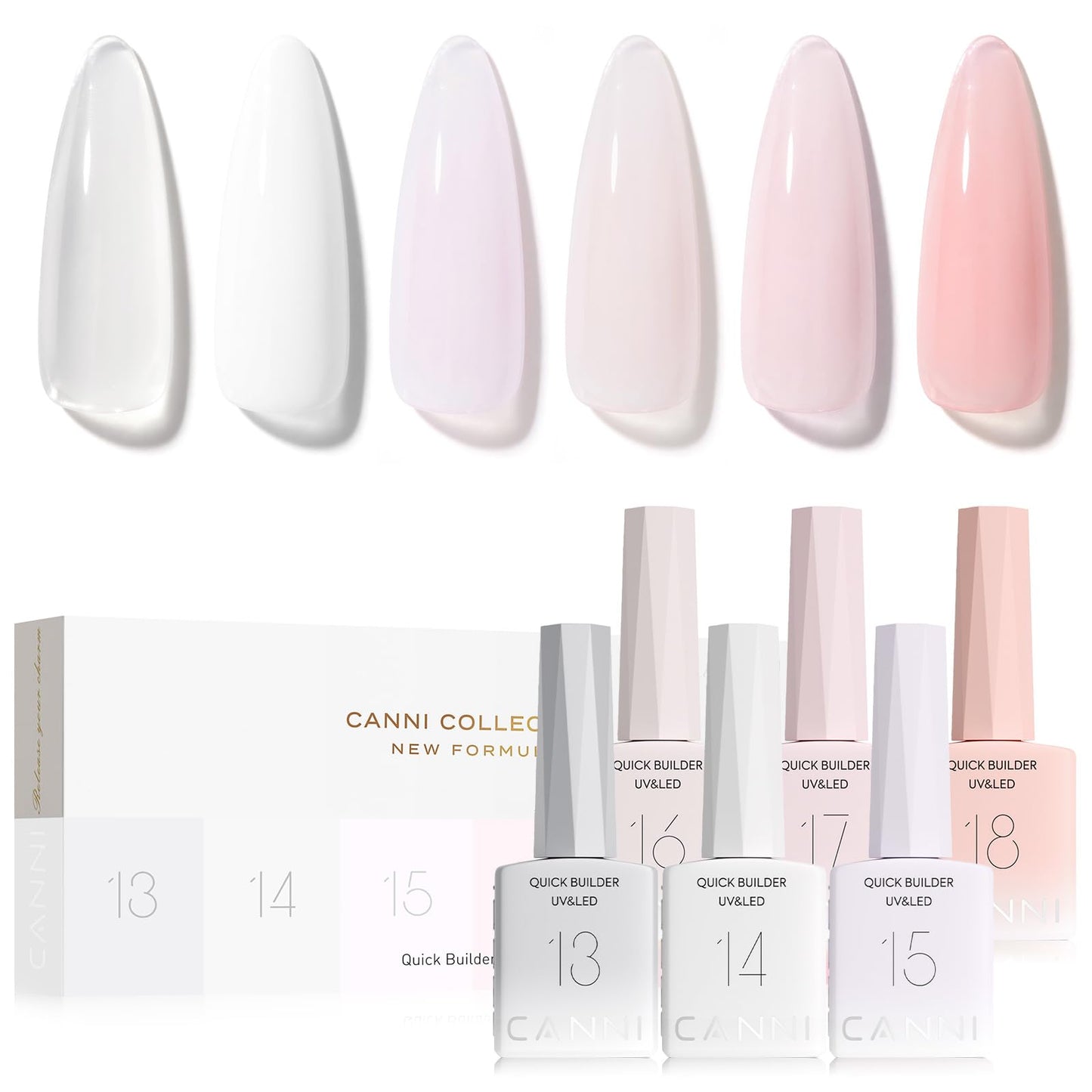 CANNI Quick Builder Nail Gel For Nails Set – 6 Colors 9ML Clear White Pink, Soak Off UV LED Nail Extensions & Strengthening, Self-Leveling Builder Gel for DIY Manicure & Salon Use Women