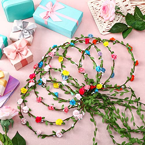 WILLBOND 48 Pcs Flower Headbands for Women Floral Garland Headbands Fairy Wreath Green Leaves Flower Headband Bulk for Women Wedding Festival Holiday Party Photography Props