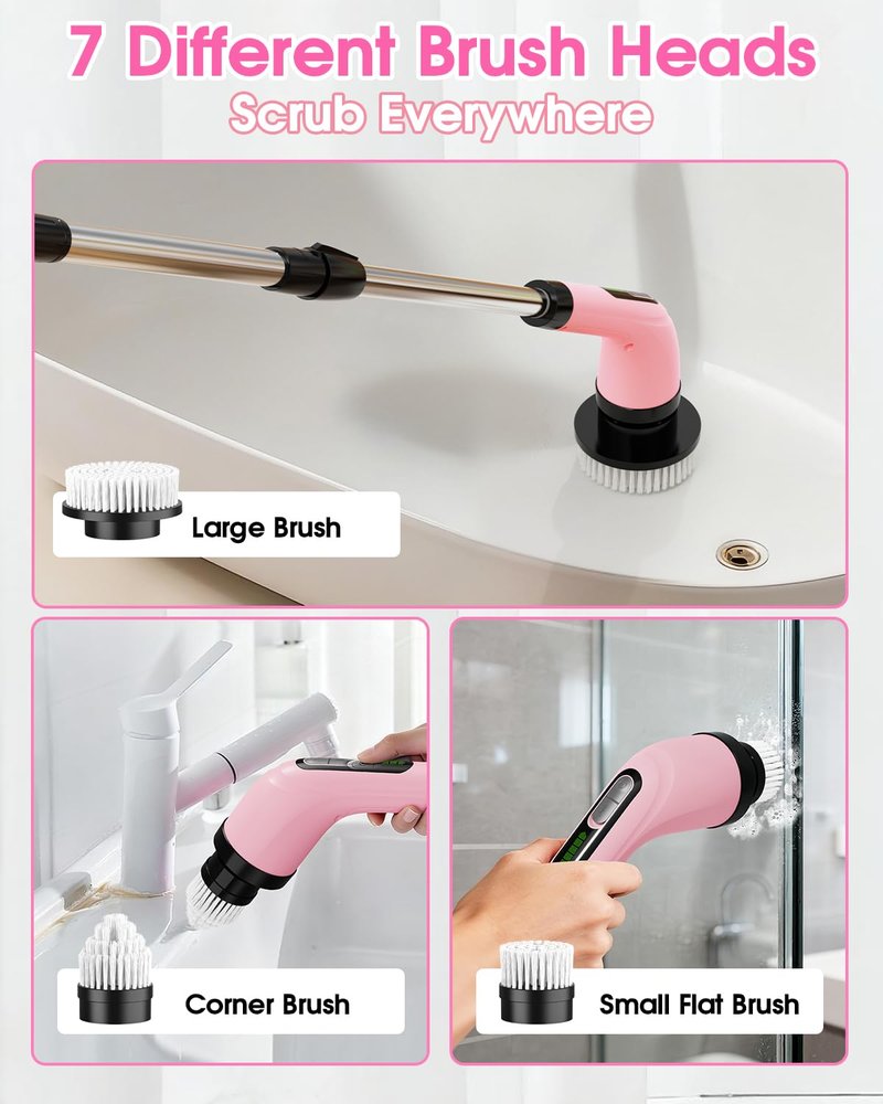Highyes Electric Spin Scrubber for Cleaning Bathroom: Cordless Power Shower Scrubber - Electric Cleaning Brush for Tile Tub - Pink
