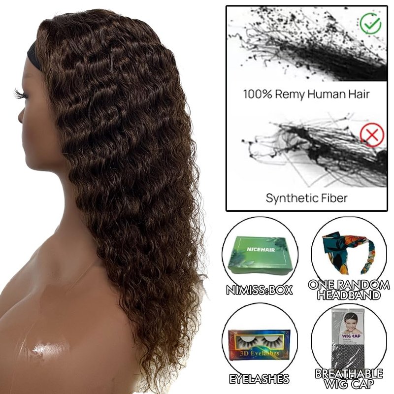 NICMISS Chocolate Brown Headband Wig Human Hair Deep Wave Human Hair Wigs for Black Women 12 Inch Curly Headband Wig Glueless None Lace Front Brazilian Virgin Hair Wear and Go 150% Density