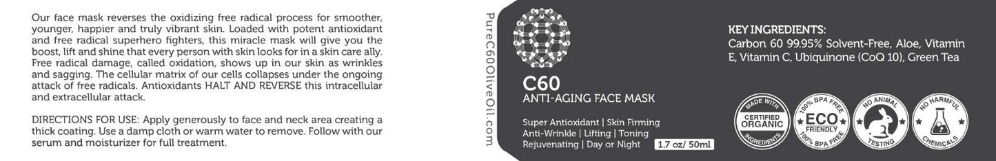 PureC60OliveOil.com C60 Anti-Aging Face Mask 50ml with Green Tea, Aloe, Ubiquinone (CoQ 10), Vitamin E and Vitamin C for Men & Women Made with Organic Ingredients - From The Leading Global Producer