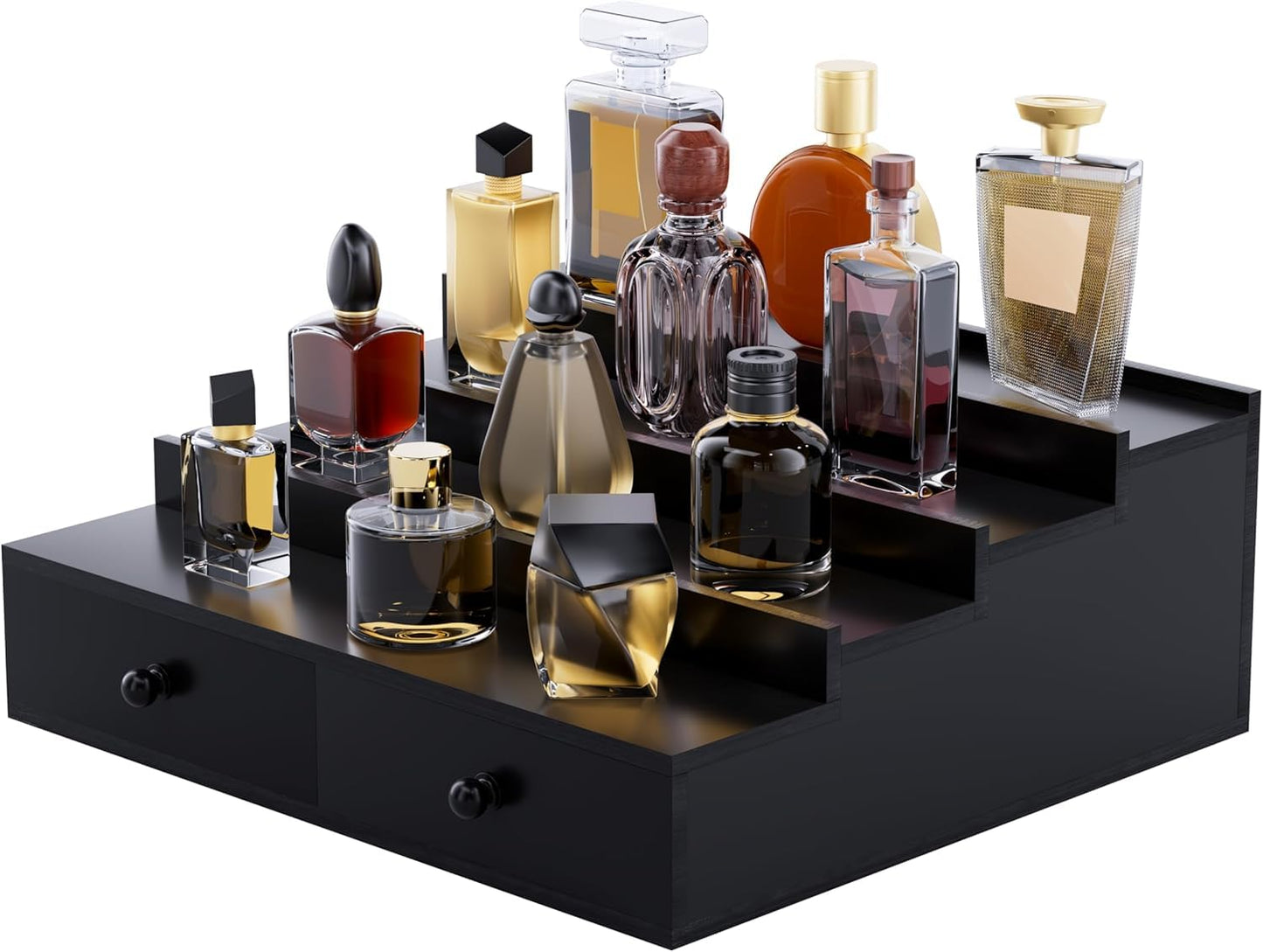 Boulphia 4 Tier Wooden Cologne Organizer with Drawer Storage and Hidden Compartment, Black Perfume Display Stand