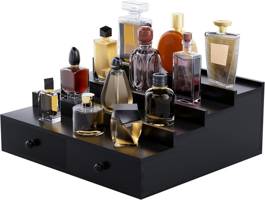 Boulphia 4 Tier Wooden Cologne Organizer with Drawer Storage and Hidden Compartment, Black Perfume Display Stand