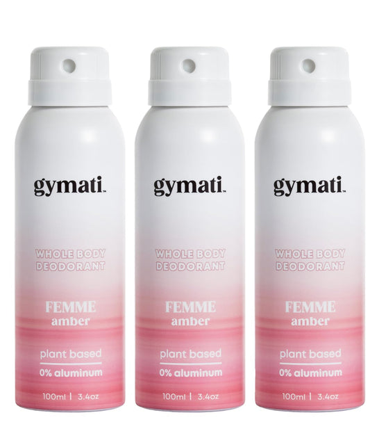 Gymati - Fitness Deodorant Spray - Men & Women - Aluminum-Free - All Day Ultimate Odor Protection - Built For Sweat - Air-Powered - Vegan & Plant-Based - Made in USA -Femme -3.4oz Travel Size -3 Pack