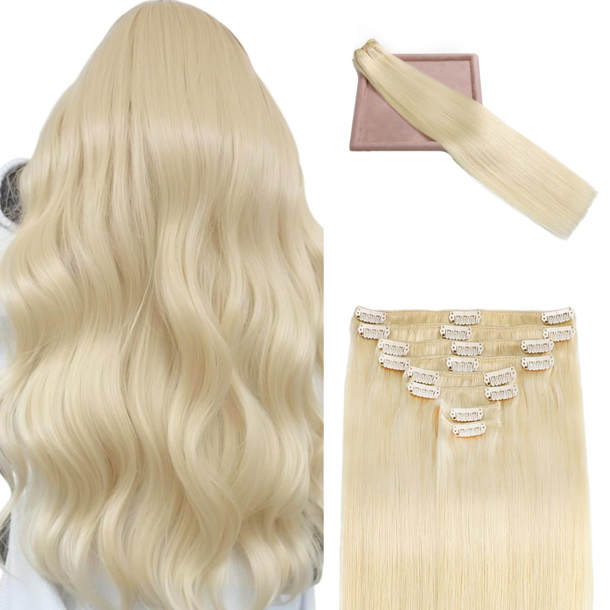 POGINJA Clip in Hair Extensions Real Human Hair, Remy Human Hair Extensions Clip ins for Women, 100% Natural Human Hair, Double Weftm, 14inch 80g 8Pcs, #60 Platinum Blonde