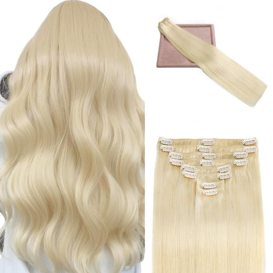 POGINJA Clip in Hair Extensions Real Human Hair, Remy Human Hair Extensions Clip ins for Women, 100% Natural Human Hair, Double Weftm, 14inch 80g 8Pcs, #60 Platinum Blonde